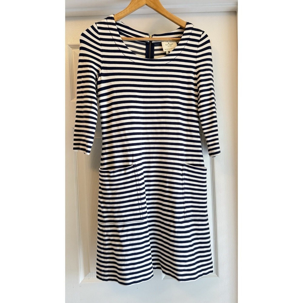 Kate Spade Dress Womens 2 Navy Blue Striped 3/4 Sleeve Pockets Exposed Zip Shift